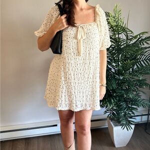 NWT Black & Cream Puff-Sleeve Mini Dress in Polka Dot Lace with Bow